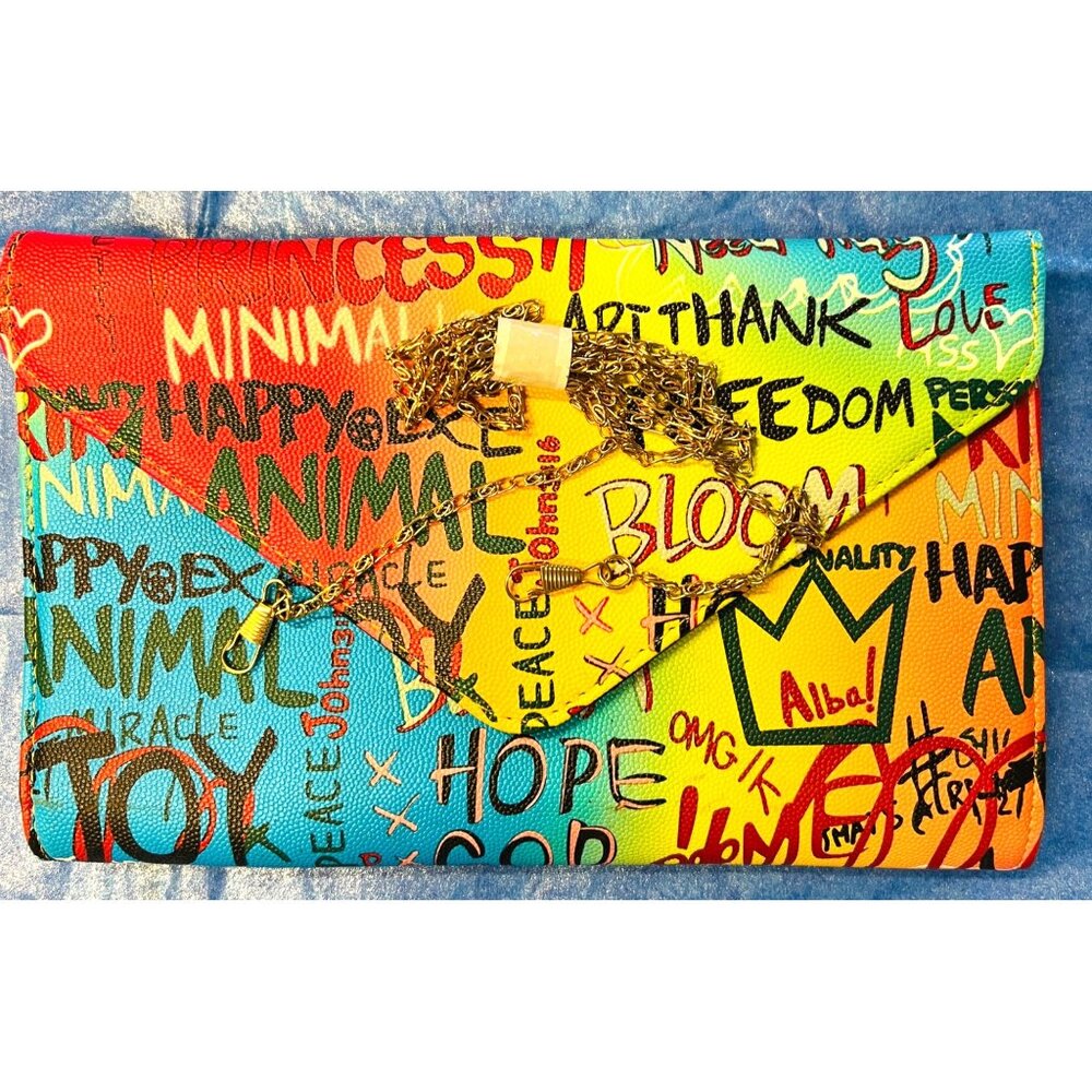 Graffiti Print Clutch Bag With Chain Crossbody Strap Magnetic Snap Closure 11x7”